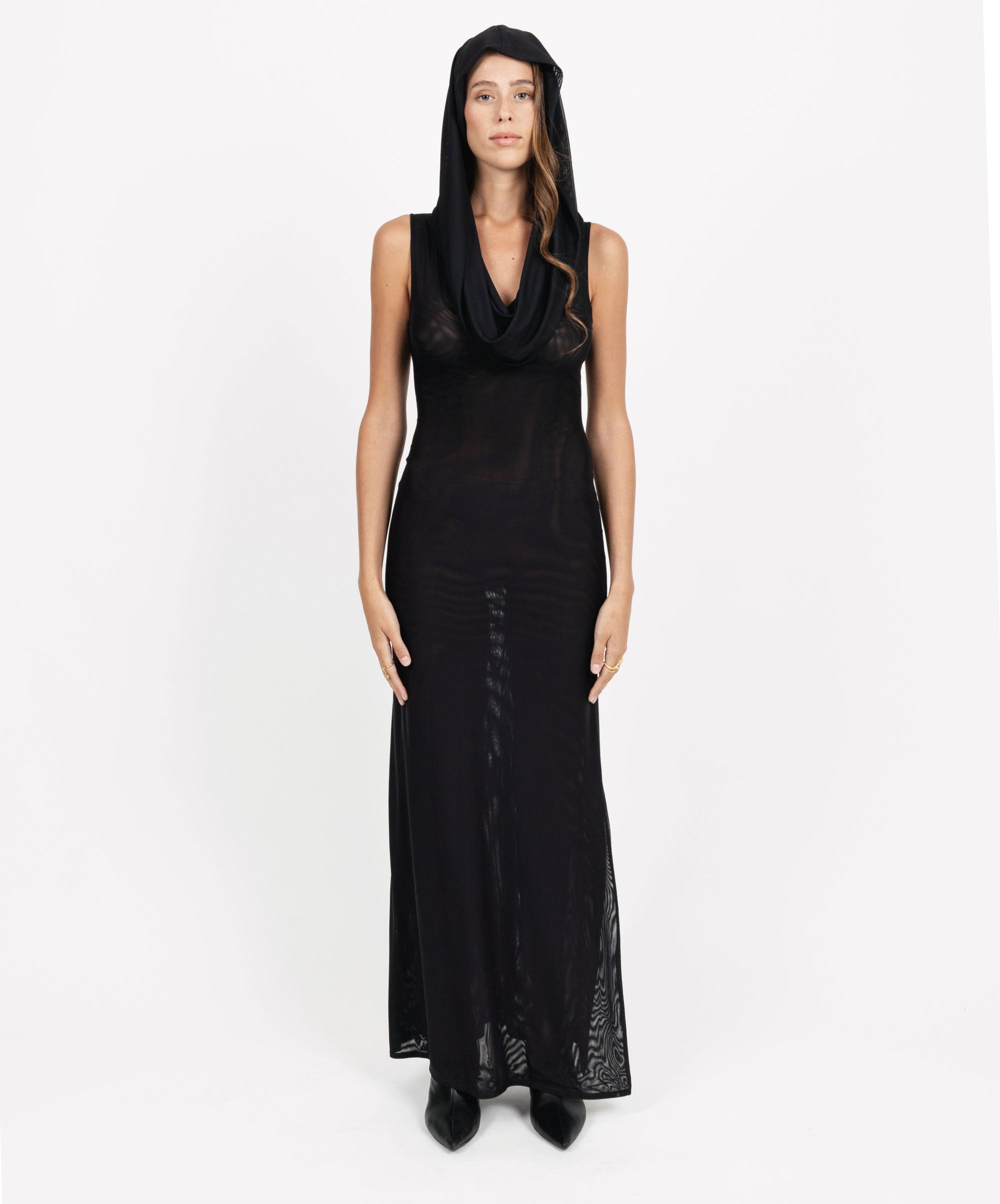 AHEAD SLEEVELESS HOODED DRESS M / 88% POLYESTER 12% SPANDEX