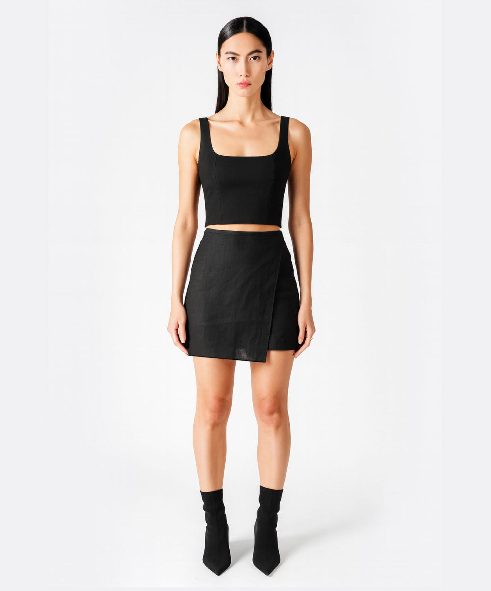 STEP IRREGULAR BLACK LINEN MINI SKIRT